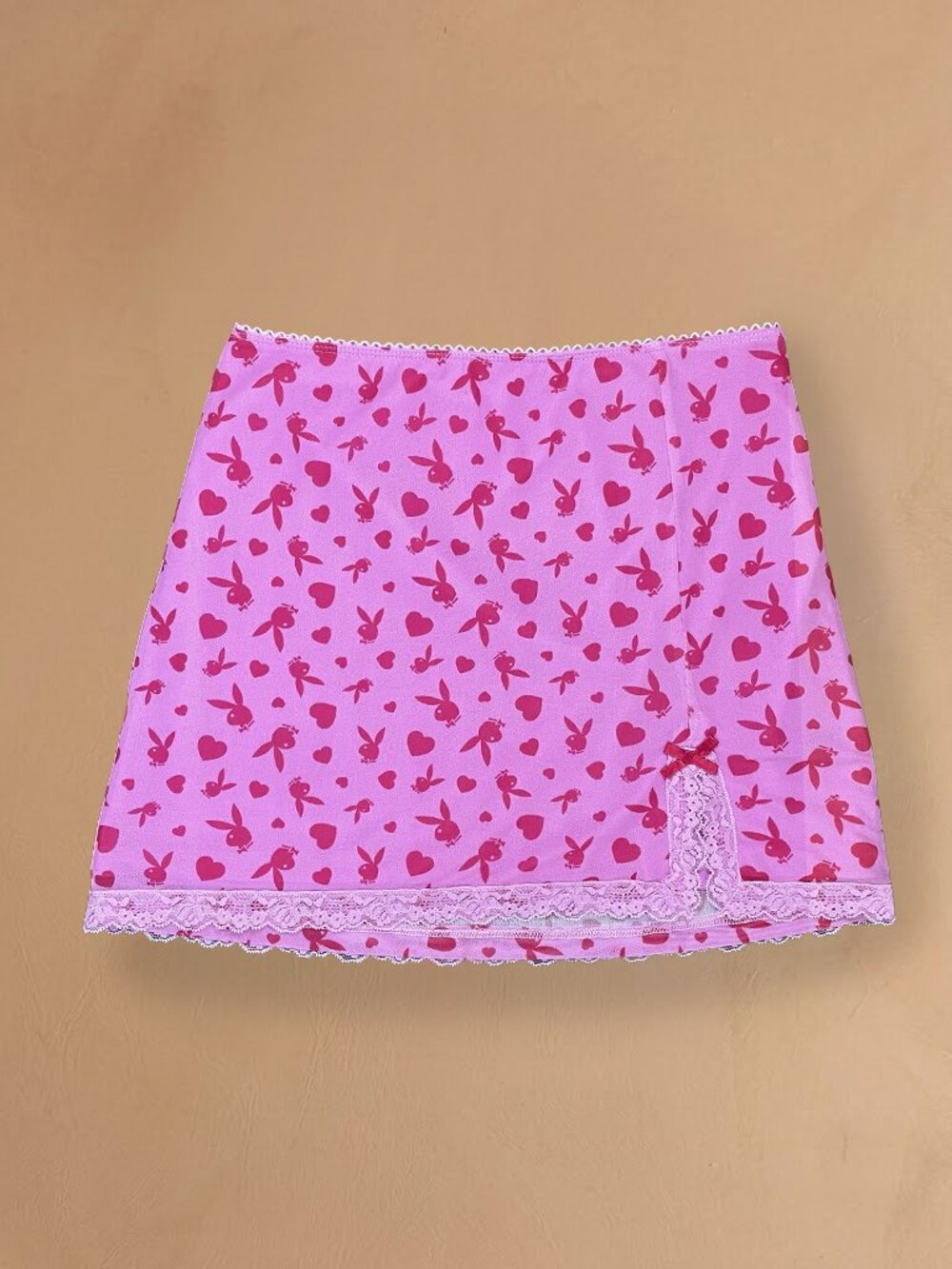 Y2K Playboy Bunny Pink Coquette Lace Trim Mini Skirt